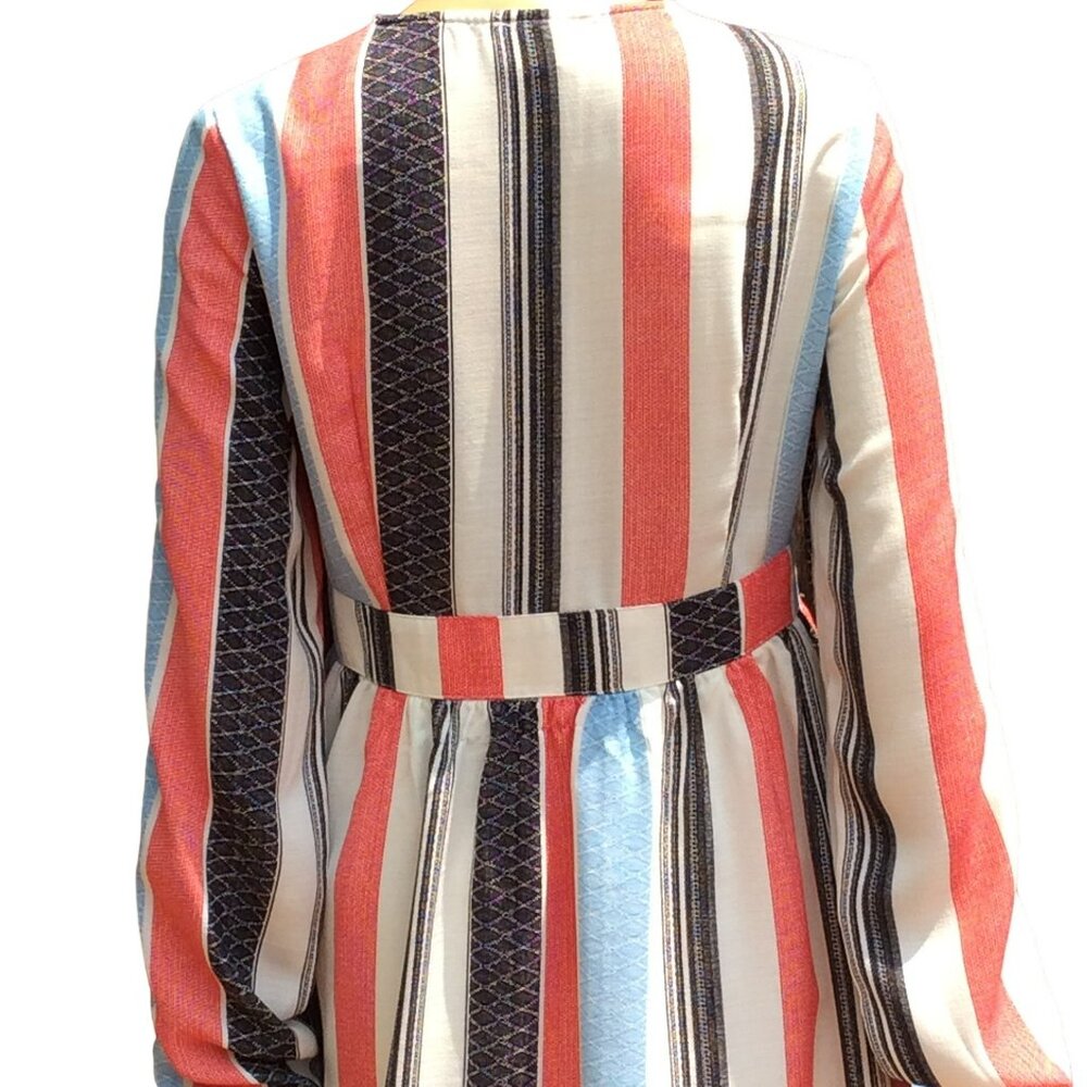 AMT Size M Long Puff Sleeve Dress Gypsy Boho Retro V-Neck Tassel Lace-up Striped - Picture 8 of 13